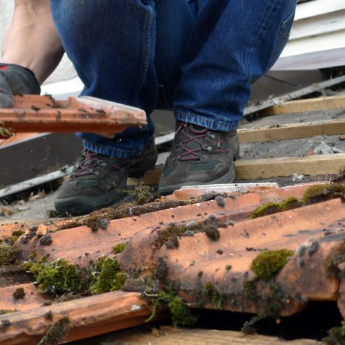 cis5 CraftsmanImageSeries - Roofer with broken bricks  - german Dachdecker mit kaputten Ziegeln - 16to9 g3862